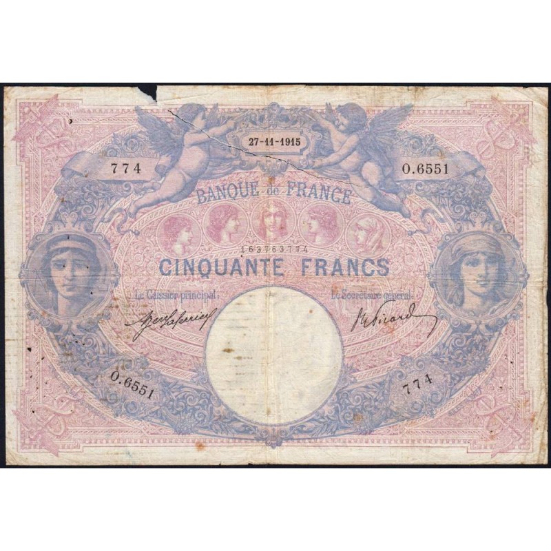 F 14-28 - 27/11/1915 - 50 francs - Bleu et rose - Série O.6551 - Etat : B