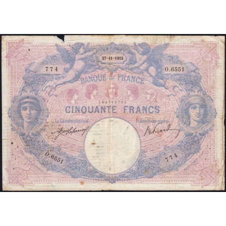 F 14-28 - 27/11/1915 - 50 francs - Bleu et rose - Série O.6551 - Etat : B