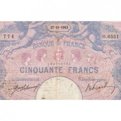 F 14-28 - 27/11/1915 - 50 francs - Bleu et rose - Série O.6551 - Etat : B