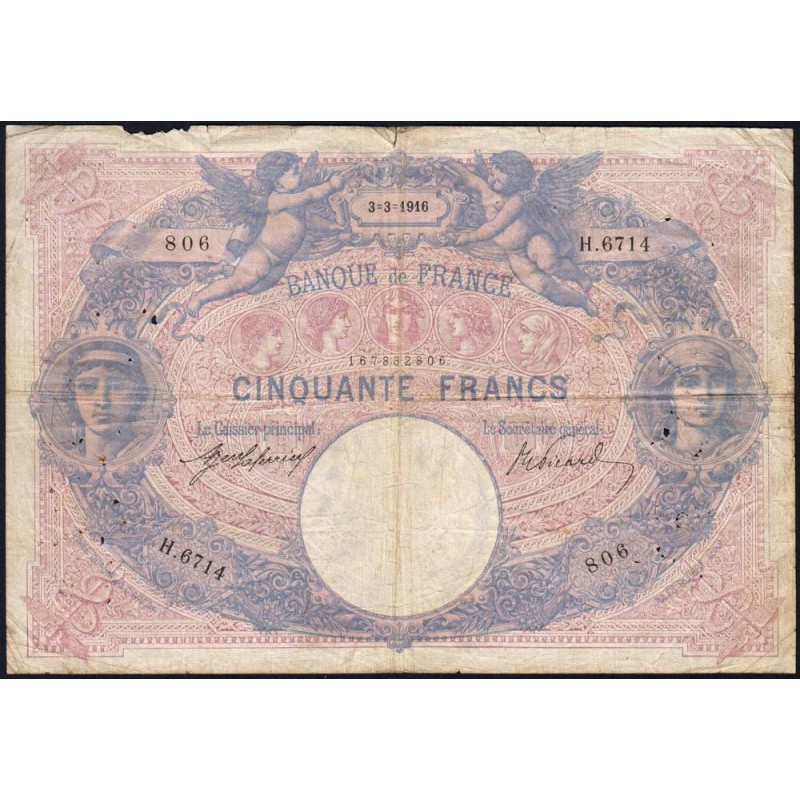 F 14-29 - 03/03/1916 - 50 francs - Bleu et rose - Série H.6714 - Etat : B+