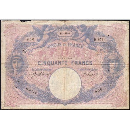 F 14-29 - 03/03/1916 - 50 francs - Bleu et rose - Série H.6714 - Etat : B+