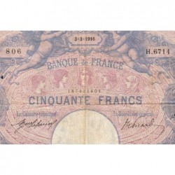 F 14-29 - 03/03/1916 - 50 francs - Bleu et rose - Série H.6714 - Etat : B+