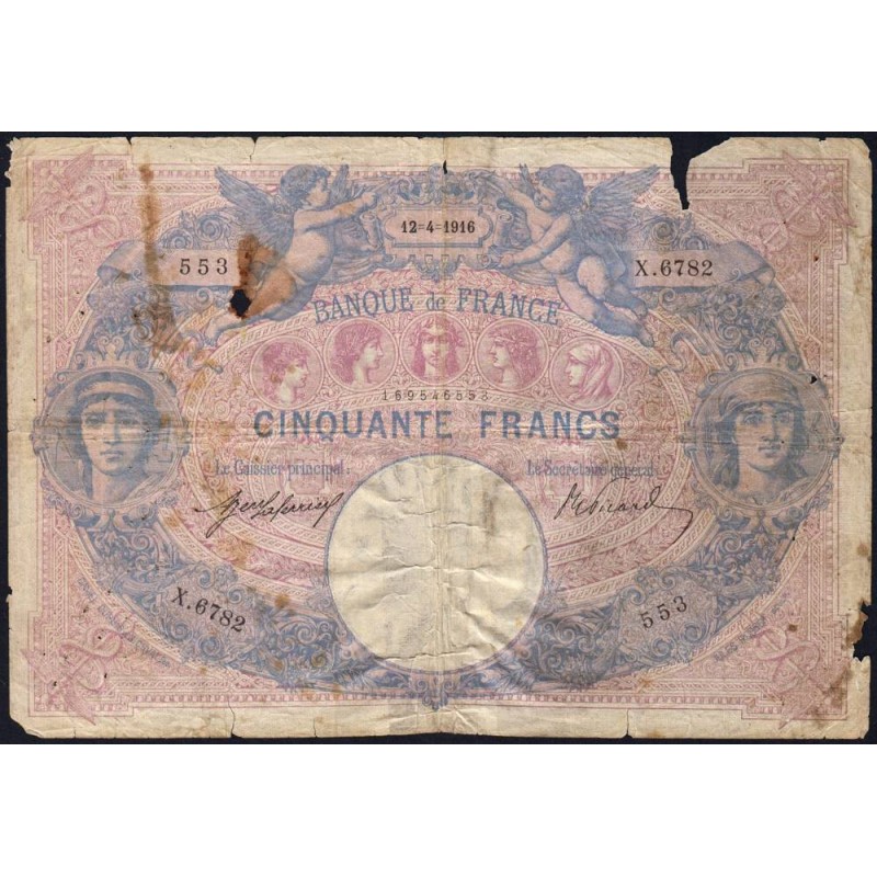 F 14-29 - 12/04/1916 - 50 francs - Bleu et rose - Série X.6782 - Etat : B-