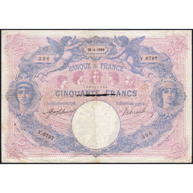 F 14-29 - 21/04/1916 - 50 francs - Bleu et rose - Série V.6797 - Etat : TB-