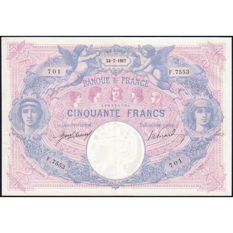 F 14-30 - 23/07/1917 - 50 francs - Bleu et rose - Série F.7553 - Etat : SUP+