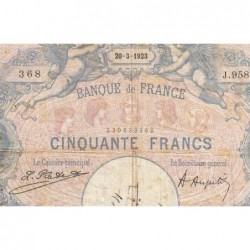 F 14-36 - 20/03/1923 - 50 francs - Bleu et rose - Série J.9586 - Etat : B+