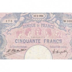 F 14-37 - 13/02/1924 - 50 francs - Bleu et rose - Série W.10362 - Remplacement - Etat : TTB