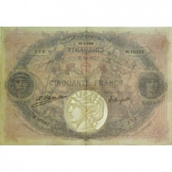 F 14-37 - 13/02/1924 - 50 francs - Bleu et rose - Série W.10362 - Remplacement - Etat : TTB