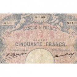 F 14-39 - 30/07/1926 - 50 francs - Bleu et rose - Série N.11898 - Etat : B+