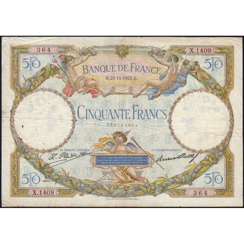 F 15-01 - 22/11/1927 - 50 francs - Merson - Série X.1409 - Etat : TB