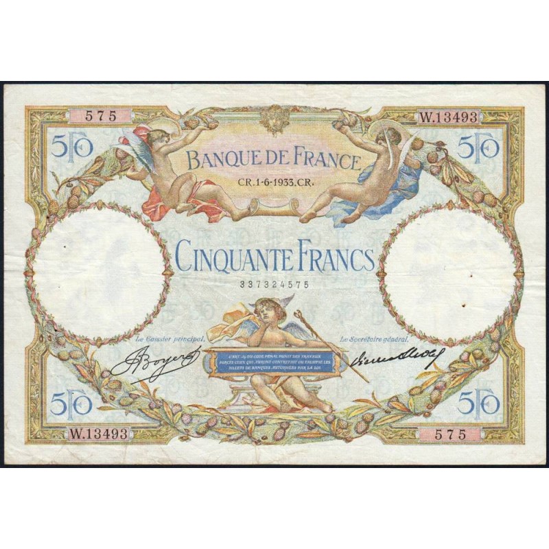 F 16-04 - 01/06/1933 - 50 francs - Merson - Série W.13493 - Remplacement - Etat : TTB