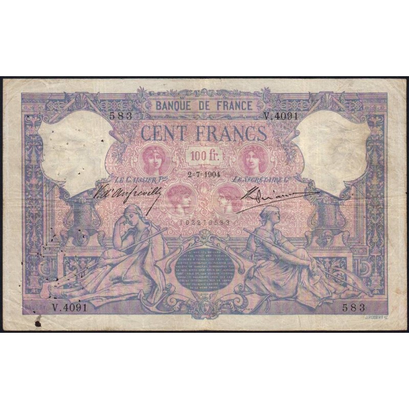 F 21-18a - 02/07/1904 - 100 francs - Bleu et rose - Série V.4091 - Etat : TB à TB+