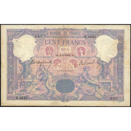 F 21-20 - 04/08/1906 - 100 francs - Bleu et rose - Série B.4643 - Etat : TB