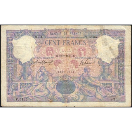 F 21-23 - 22/07/1908 - 100 francs - Bleu et rose - Série V.5135 - Etat : TB-