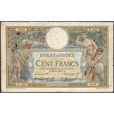 F 22-01 - 12/05/1908 - 100 francs - Merson avec LOM - Série H.223 - Etat : B+