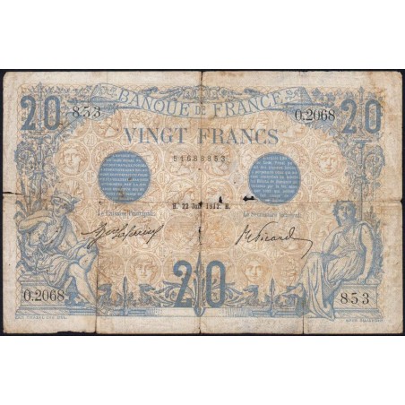 F 10-02 - 22/06/1912 - 20 francs - Bleu - Série O.2068 - Etat : B-