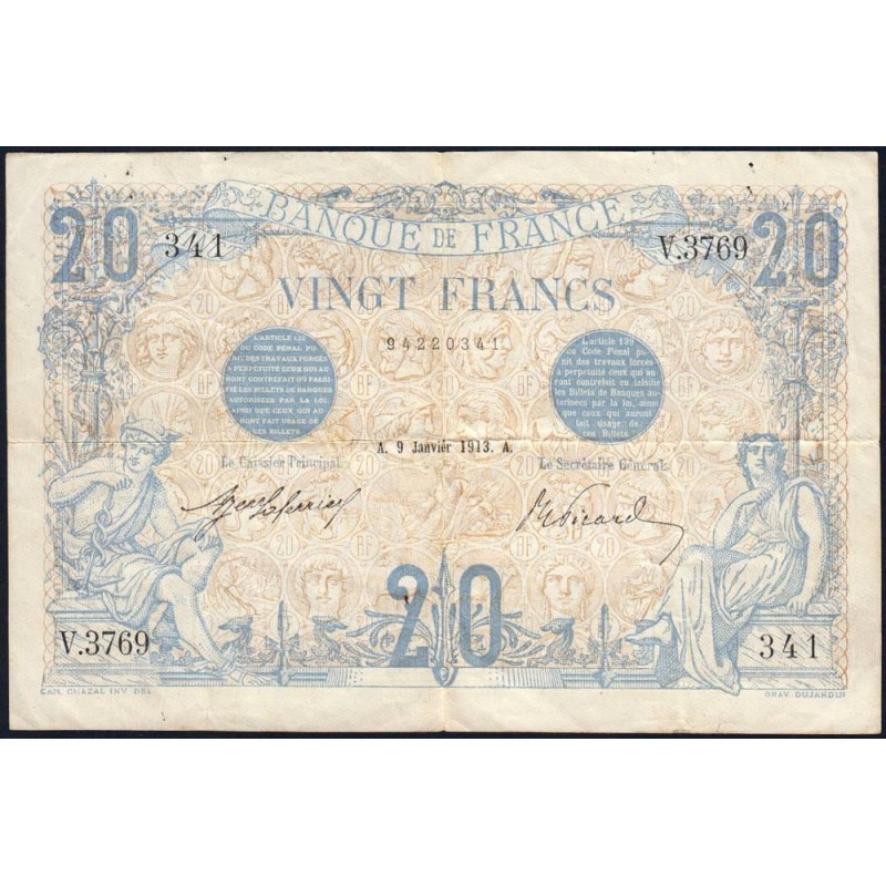 F 10-03 - 09/01/2013 - 20 francs - Bleu - Série V.3769 - Etat : TTB
