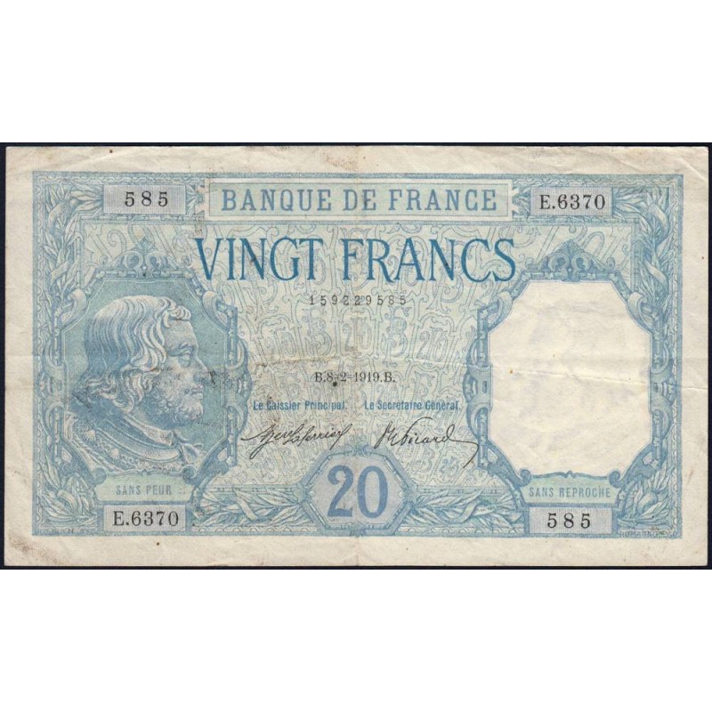 F 11-04 - 08/02/1919 - 20 francs - Bayard - Série E.6370 - Etat : TTB