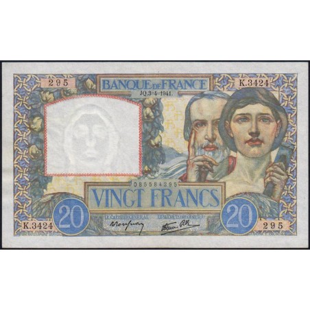 F 12-13 - 03/04/1941 - 20 francs - Science et Travail - Série K.3424 - Etat : SUP à SUP+