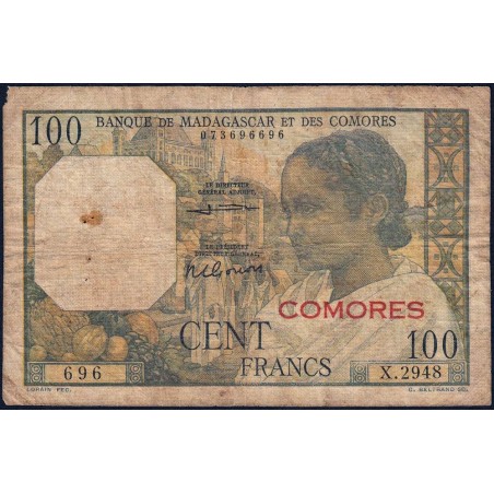 Comores - Pick 3b_2 - 100 francs - Série X.2948 - 1963 - Etat : B