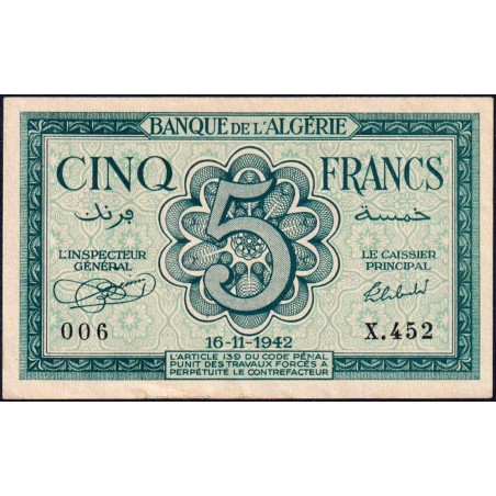 Algérie - Pick 91 - 5 francs - Série X.452 - 16/11/1942 - Etat : SUP