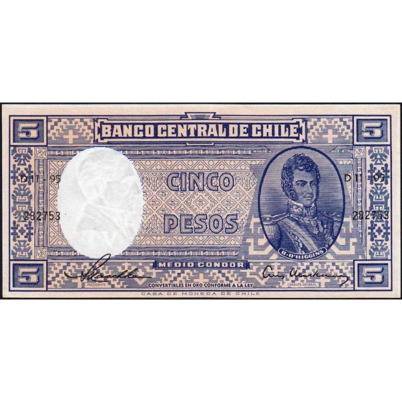 Chili - Pick 119_2 - 5 pesos (1/2 condor) - Série D11-95 - 1958 - Etat : pr.NEUF