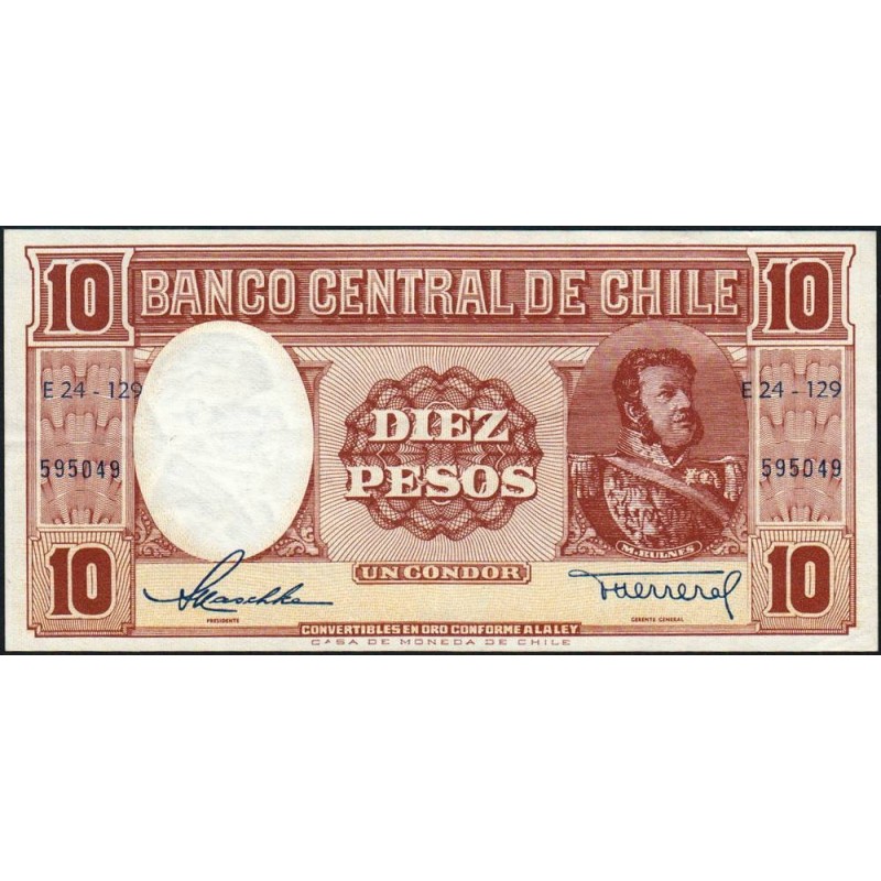 Chili - Pick 120_1b - 10 pesos  (1 condor) - Série E24-129 - 1958 - Etat : SUP