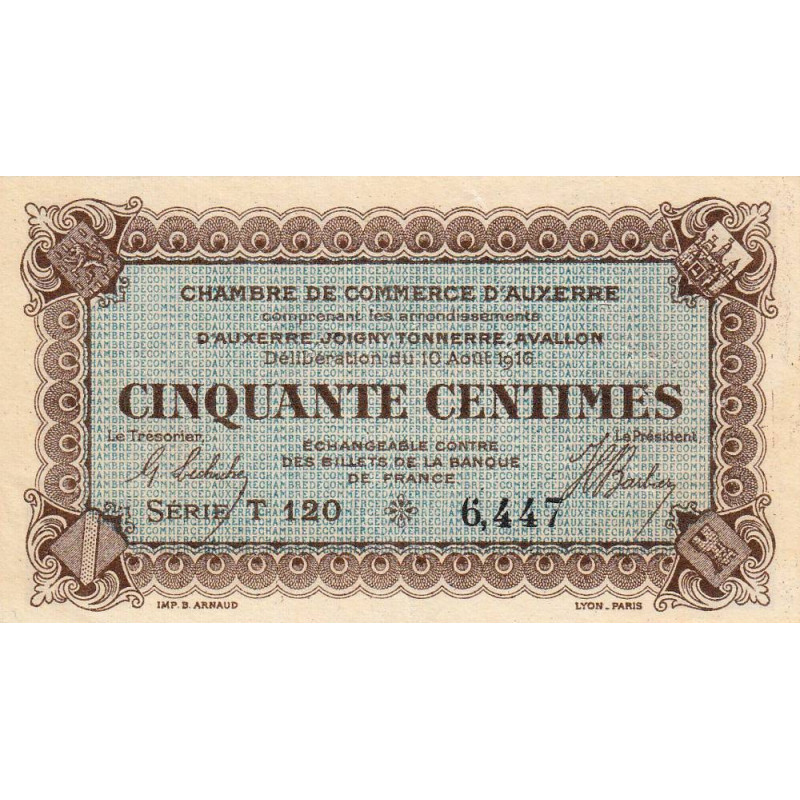 Auxerre - Pirot 17-11 - 50 centimes - Série T 120 - 10/08/1916 - Etat : TTB à SUP