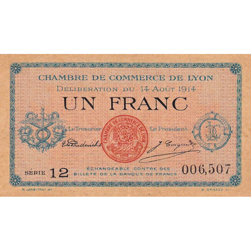 Lyon - Pirot 77-1b - 1 franc - Série 12 - 14/08/1914 - Etat : TTB+