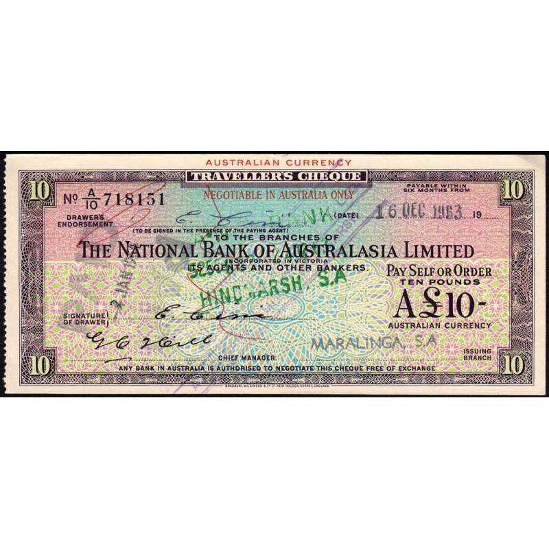 Australie - Chèque Voyage - National Bank - 10 livres - 1963 - Etat : SUP