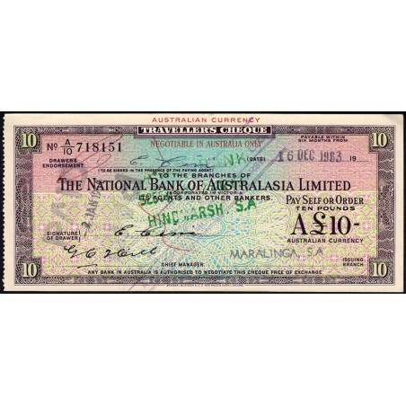 Australie - Chèque Voyage - National Bank - 10 livres - 1963 - Etat : SUP