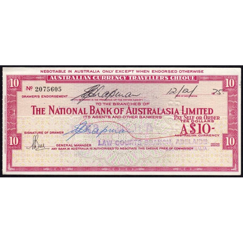 Australie - Chèque Voyage - National Bank - 10 dollars - 1975 - Etat : SUP+