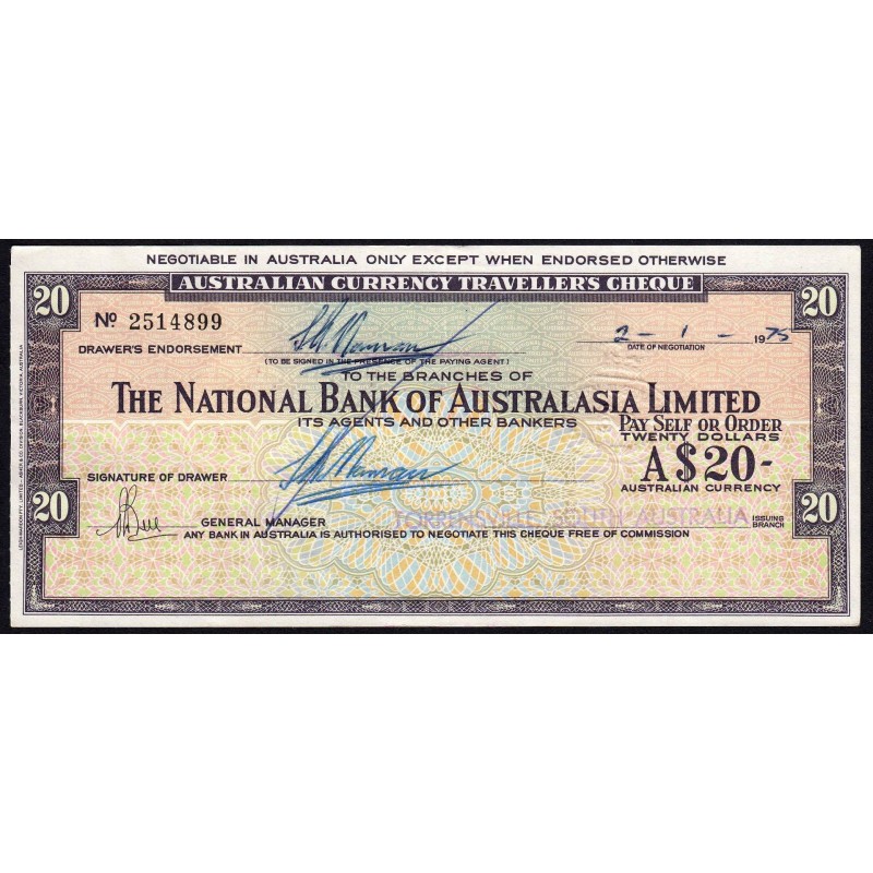 Australie - Nouv. Zélande - Chèque Voyage - National Bank - 20 dollars - 1975 - Etat : SUP+