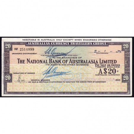 Australie - Nouv. Zélande - Chèque Voyage - National Bank - 20 dollars - 1975 - Etat : SUP+
