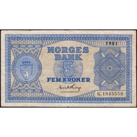 Norvège - Pick 25d - 5 kroner - Série G - 1951 - Etat : TB+