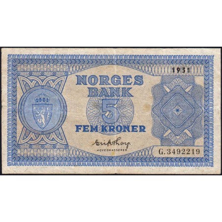 Norvège - Pick 25d - 5 kroner - Série G - 1951 - Etat : TTB