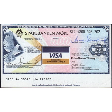 Norvège - Chèque de voyage - Union Bank of Norway - 500 kroner - 1998 - Etat : SUP+