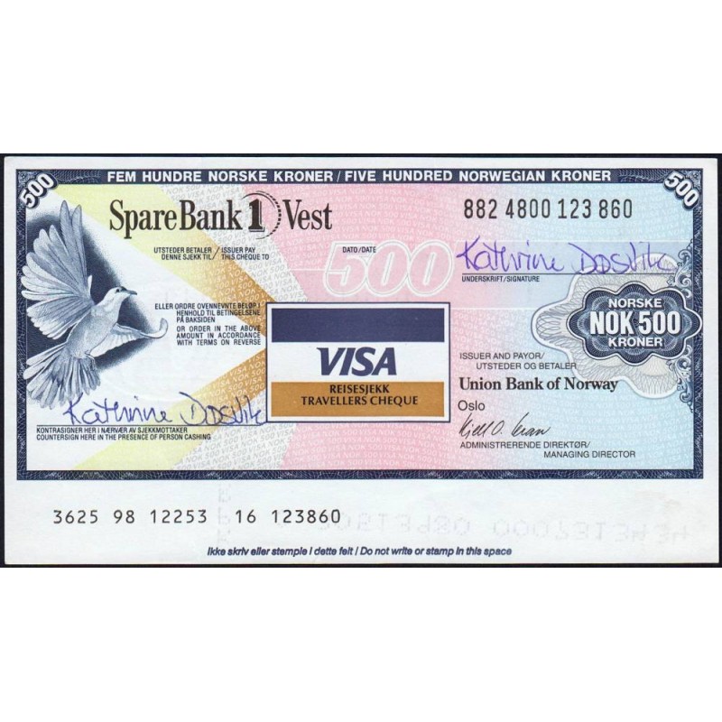 Norvège - Chèque de voyage - Union Bank of Norway - 500 kroner - 1998 - Etat : SPL