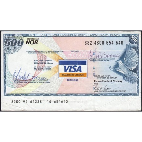 Norvège - Chèque de voyage - Union Bank of Norway - 500 kroner - 1998 - Etat : TB