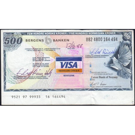Norvège - Chèque de voyage - Union Bank of Norway - 500 kroner - 1998 - Etat : TB+