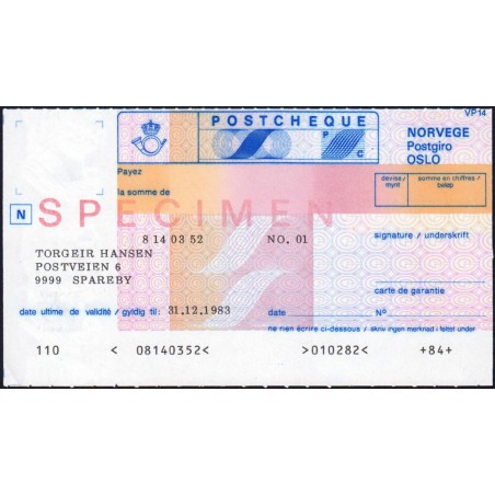 Norvège - Postchèque spécimen - 1983 - Etat : pr.NEUF