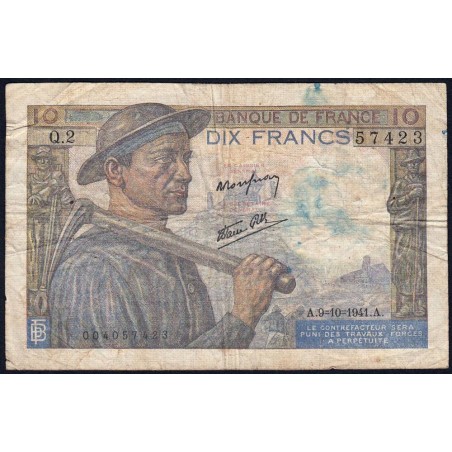 F 08-02 - 09/10/1941 - 10 francs - Mineur - Série Q.2 - Etat : B+