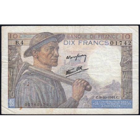 F 08-02 - 09/10/1941 - 10 francs - Mineur - Série B.4 - Etat : TB+