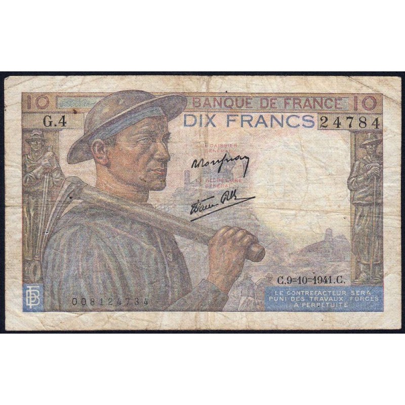 F 08-02 - 09/10/1941 - 10 francs - Mineur - Série G.4 - Etat : TB-