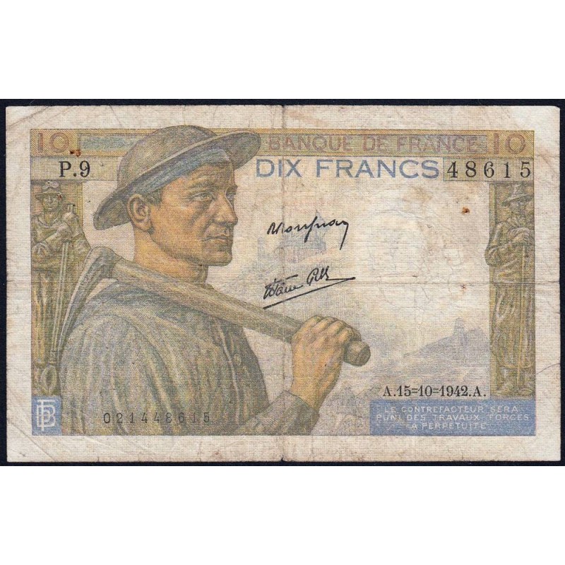 F 08-04 - 15/10/1942 - 10 francs - Mineur - Série P.9 - Etat : TB-