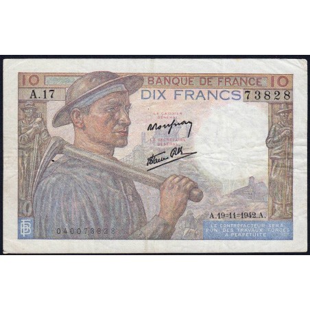 F 08-05 - 19/11/1942 - 10 francs - Mineur - Série A.17 - Etat : TTB
