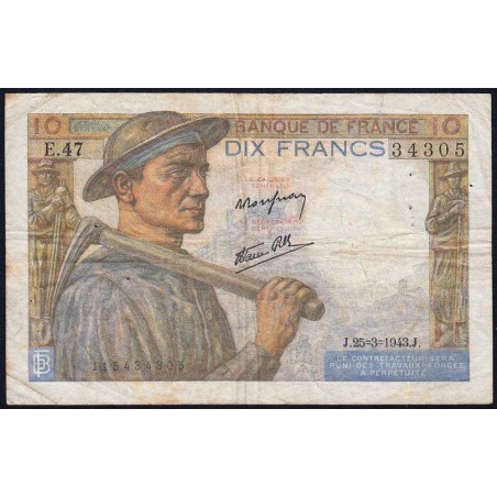 F 08-08 - 25/03/1943 - 10 francs - Mineur - Série E.47 - Etat : TB+