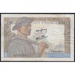 F 08-11 - 20/01/1944 - 10 francs - Mineur - Série J.80 - Etat : TB