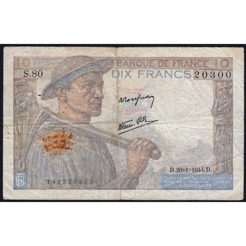 F 08-11 - 20/01/1944 - 10 francs - Mineur - Série S.80 - Etat : B+