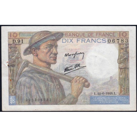 F 08-12 - 22/06/1944 - 10 francs - Mineur - Série D.91 - Etat : SUP